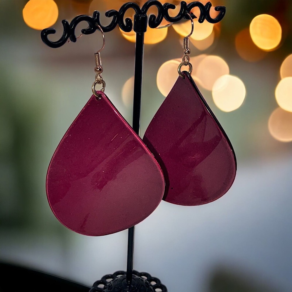 Red Curved Tear Drop 2.75 Inch Long Wire Earrings!